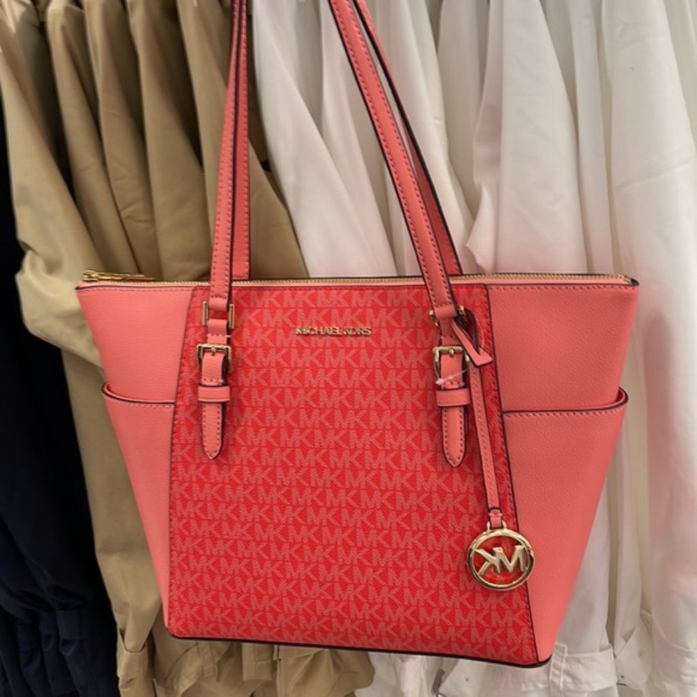 Michael Kors Charlotte Large Logo and Leather Top-Zip Tote Bag Coral Reef Multi - Picture 7 of 16